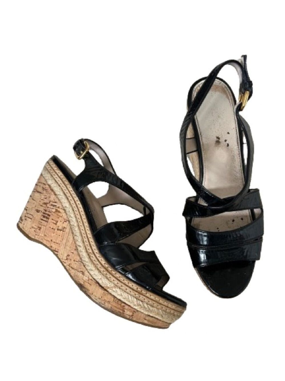Prada Calzature Donna Black Patent Espadrille Sandals in Nero. Size 39